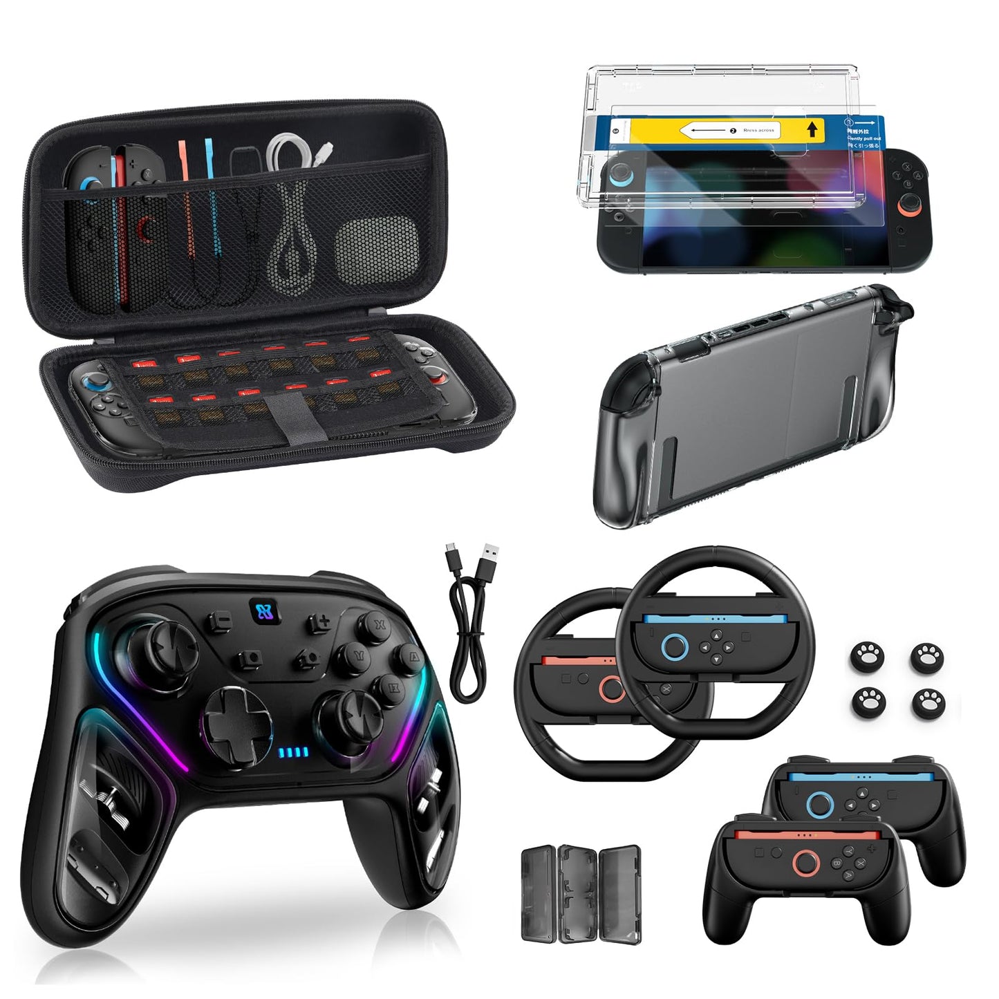 Switch 2 Pro Controllers Accessories Bundle for Nintendo 17-in-1: Carrying Case, Screen Protector, Thumb Grip for Joycon, Dockable Console Protective Cover Shell, Steering Wheel, 2025 Switch2 Game Kit