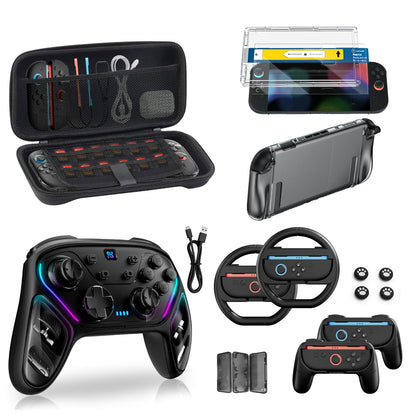 Switch 2 Pro Controllers Accessories Bundle for Nintendo 17-in-1: Carrying Case, Screen Protector, Thumb Grip for Joycon, Dockable Console Protective Cover Shell, Steering Wheel, 2025 Switch2 Game Kit