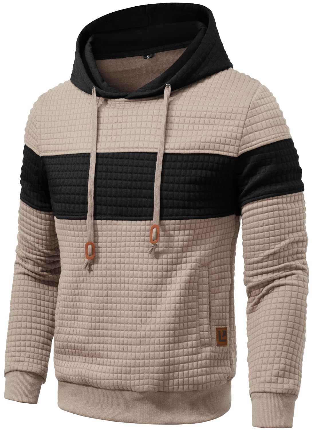 Men’s Sweatshirts Long Sleeve Pullover Patchwork Plaid Jacquard Hoodie Casual Drawstring Hoody Top