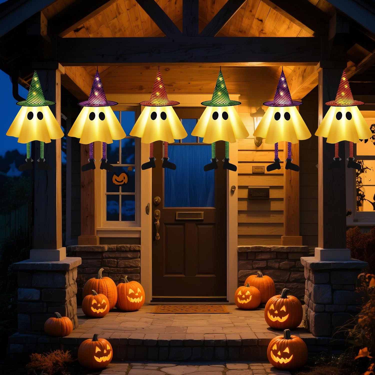 3 PCS Halloween Hanging Ghosts - Halloween Decorations Outdoor Hanging Ghosts with Witch Hats, Glowing Ghost Witch Hats Lights, Halloweens Ghosts Decor for Yard Door Patio Garden Tree Outside