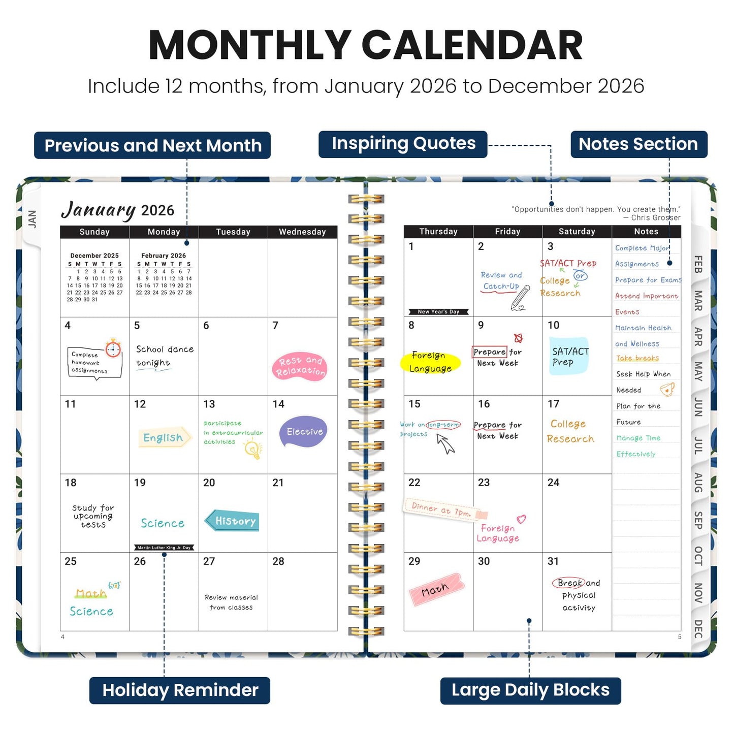 Hardcover 2026 Planner, Weekly and Monthly Calendar, Jan - Dec 2026 Planner Book with Tabs for Women, Inner Pocket, Spiral Bound, Perfect for Office/Home/School Supplies, Petals, A5, 6.3" x 8.5"