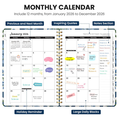Hardcover 2026 Planner, Weekly and Monthly Calendar, Jan - Dec 2026 Planner Book with Tabs for Women, Inner Pocket, Spiral Bound, Perfect for Office/Home/School Supplies, Petals, A5, 6.3" x 8.5"
