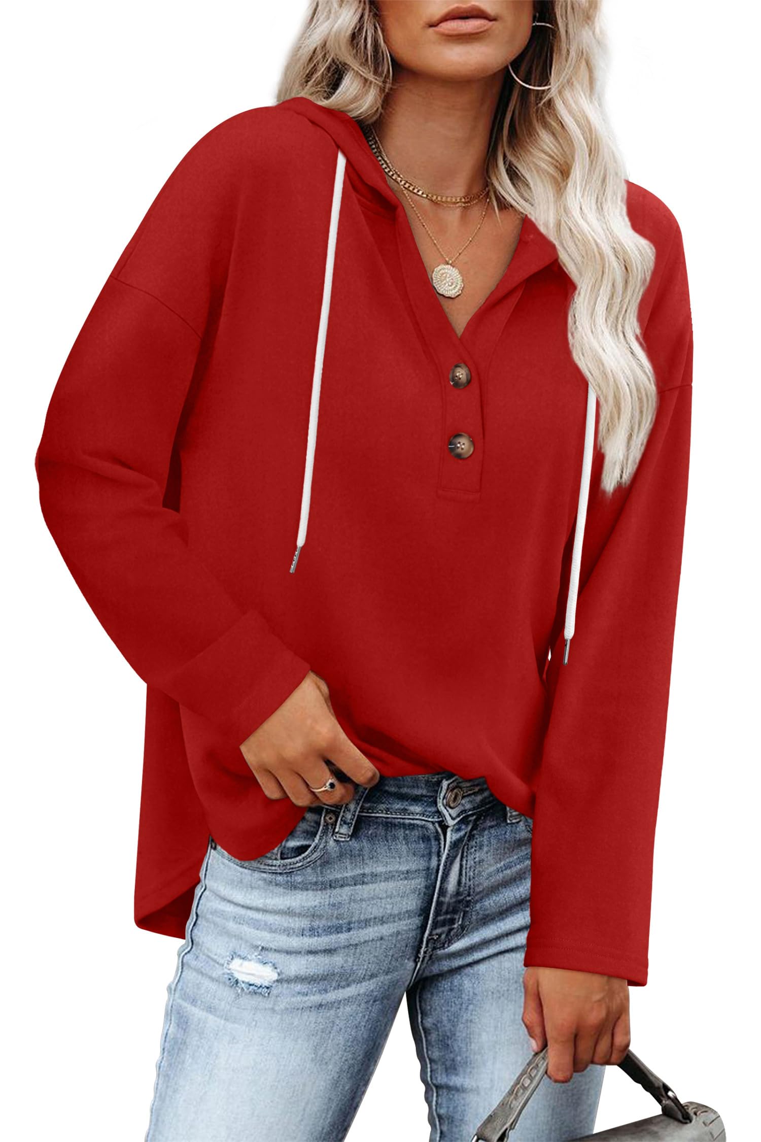 RUMIA Womens Tops V Neck Button Sweatshirt for Women Pullover Long SLeeve Shirts Fall Outfits 2025 Loose Fit S-3XL