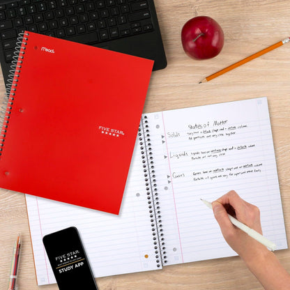Five Star Spiral Notebook + Study App, 6 Pack, 1 Subject, Wide Ruled Paper, 8" x 10-1/2", 100 Sheets, Fights Ink Bleed, Water Resistant Cover, Assorted Colors (38042)