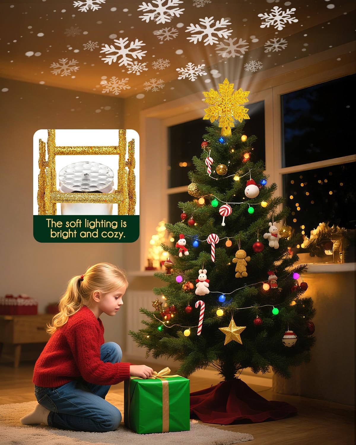 Brightown Christmas Tree Topper with Built-in 3D Glitter Led Snowflake Projector Lights, Gold Hexagonal Snowflake Tree Toppers Christmas Decorations Indoor for Xmas New Year Party Holiday