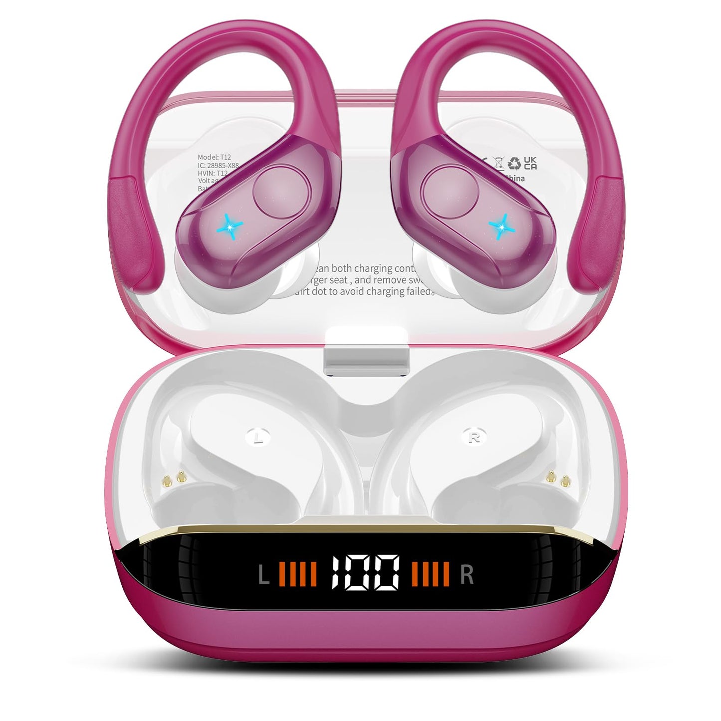 Wireless Earbuds Bluetooth 5.4 Headphones 75H Stereo Deep Bass Sports Over Ear Buds with Earhooks, LED Display Bluetooth Earbuds with 4 ENC Mic, IP7 Waterproof Earphone for Running, Black