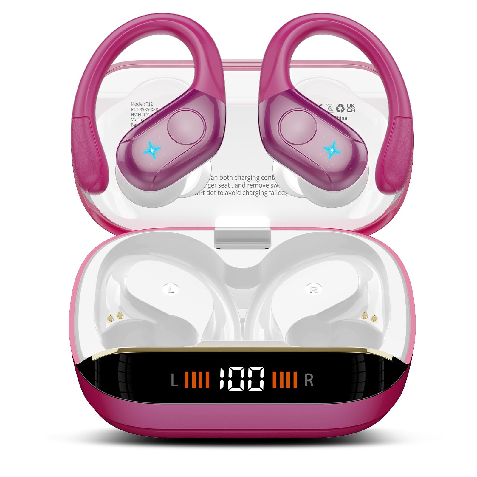 Wireless Earbuds Bluetooth 5.4 Headphones 75H Stereo Deep Bass Sports Over Ear Buds with Earhooks, LED Display Bluetooth Earbuds with 4 ENC Mic, IP7 Waterproof Earphone for Running, Black