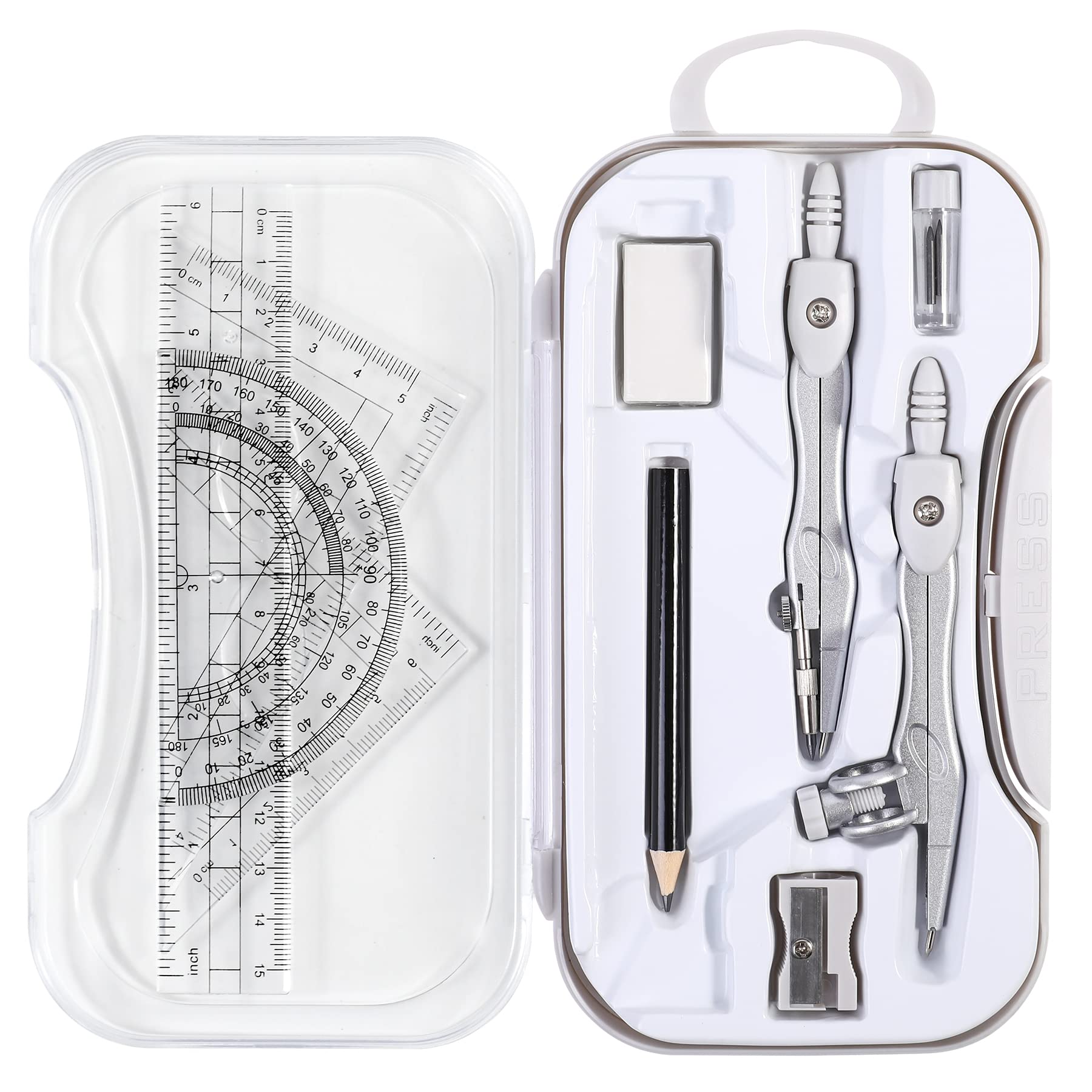 Math Geometry Kit Sets 10 Piece Student Supplies with Shatterproof Storage Box,Includes Rulers,Protractor,Compass,Eraser,Pencil Sharpener,Lead Refills,Pencil,for Drafting and Drawings（Green）