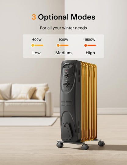 Pelonis Oil Filled Radiator Heater for Large Space, 2025 Upgraded, Space Heaters with 1500W Quiet Warmth Radiant Heater, 3 Heating Modes, Overheat & Tip-Over Protection, Adjustable Thermostat, Black