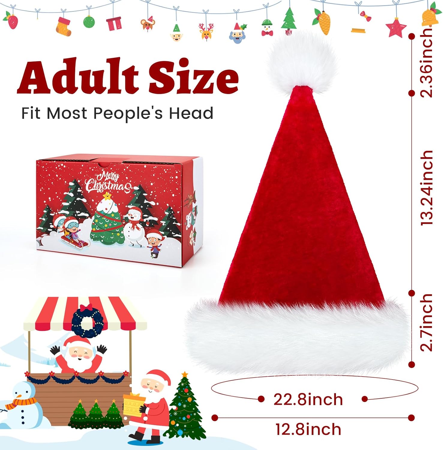 RJVW Christmas Santa Hat for Adults, Thicken Soft Velvet Comfort Classic Santa Claus Hat for New Year Party Headwear Holiday