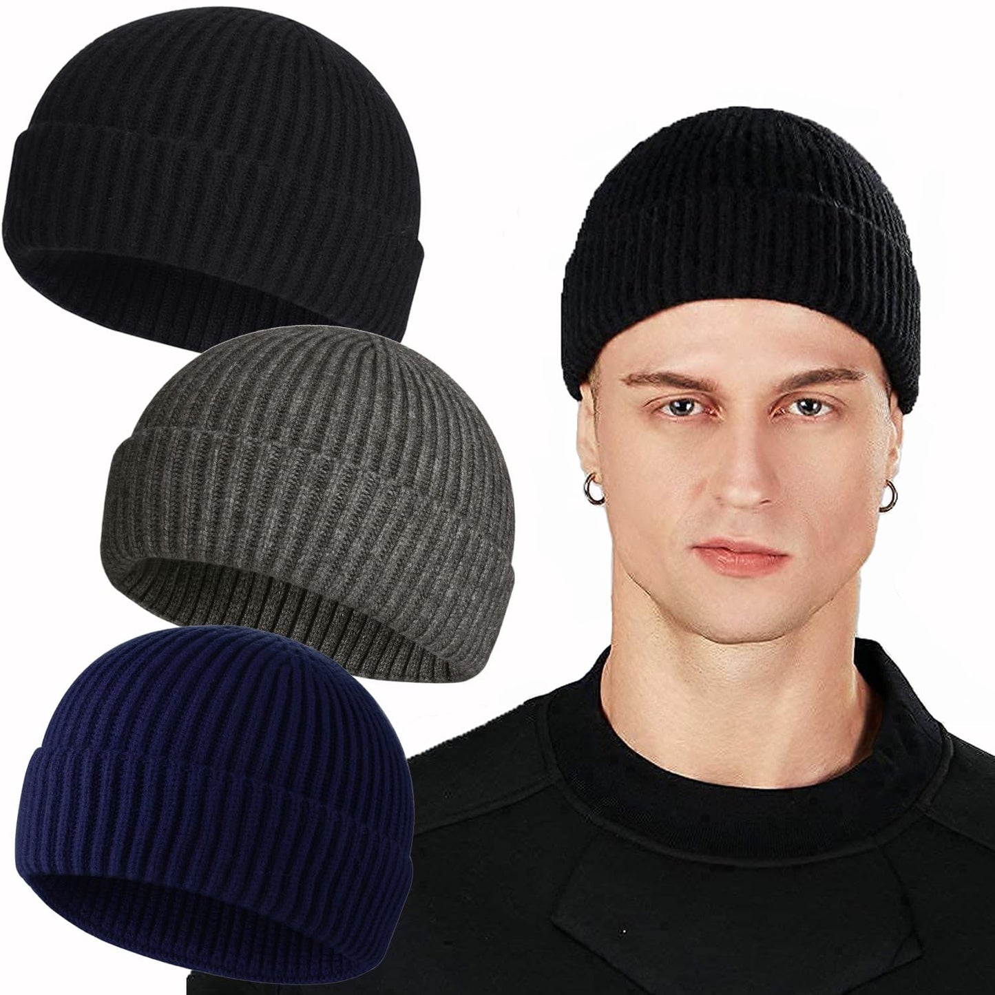 ROYBENS Swag Wool Knit Cuff Short Fisherman Beanie for Men Women, Winter Warm Hats