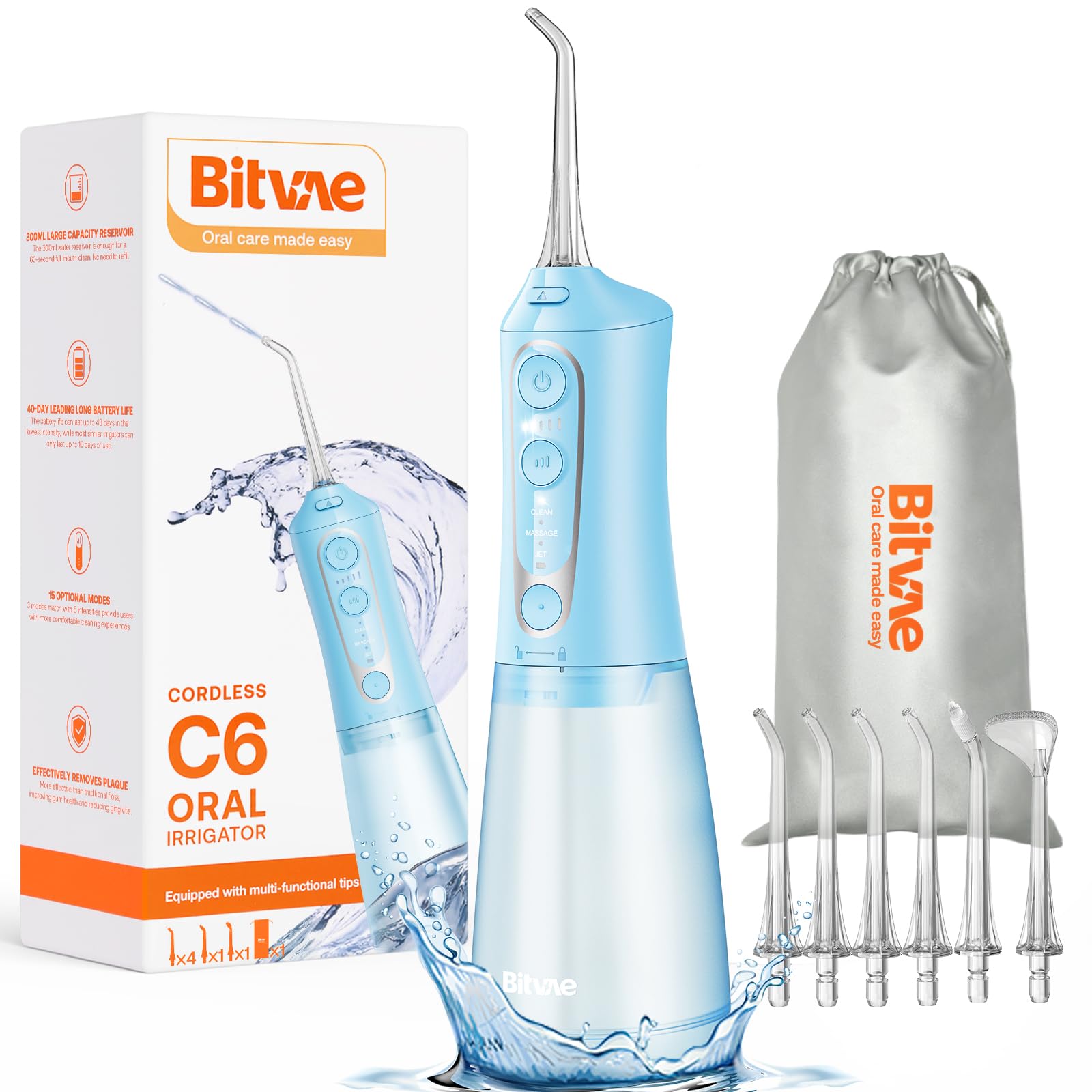 Bitvae Water Dental Flosser for Teeth, Cordless Water Teeth Cleaner Picks, 3 Modes 5 Intensities, IPX7 Waterproof, Rechargeable Water Dental Picks for Cleaning - Black