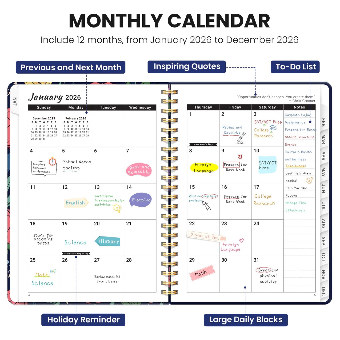 Hardcover 2026 Planner, Weekly and Monthly Calendar, Jan - Dec 2026 Planner Book with Tabs for Women, Inner Pocket, Spiral Bound, Perfect for Office/Home/School Supplies, Petals, A5, 6.3" x 8.5"