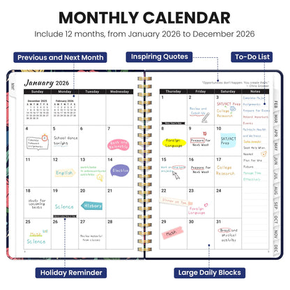 Hardcover 2026 Planner, Weekly and Monthly Calendar, Jan - Dec 2026 Planner Book with Tabs for Women, Inner Pocket, Spiral Bound, Perfect for Office/Home/School Supplies, Petals, A5, 6.3" x 8.5"