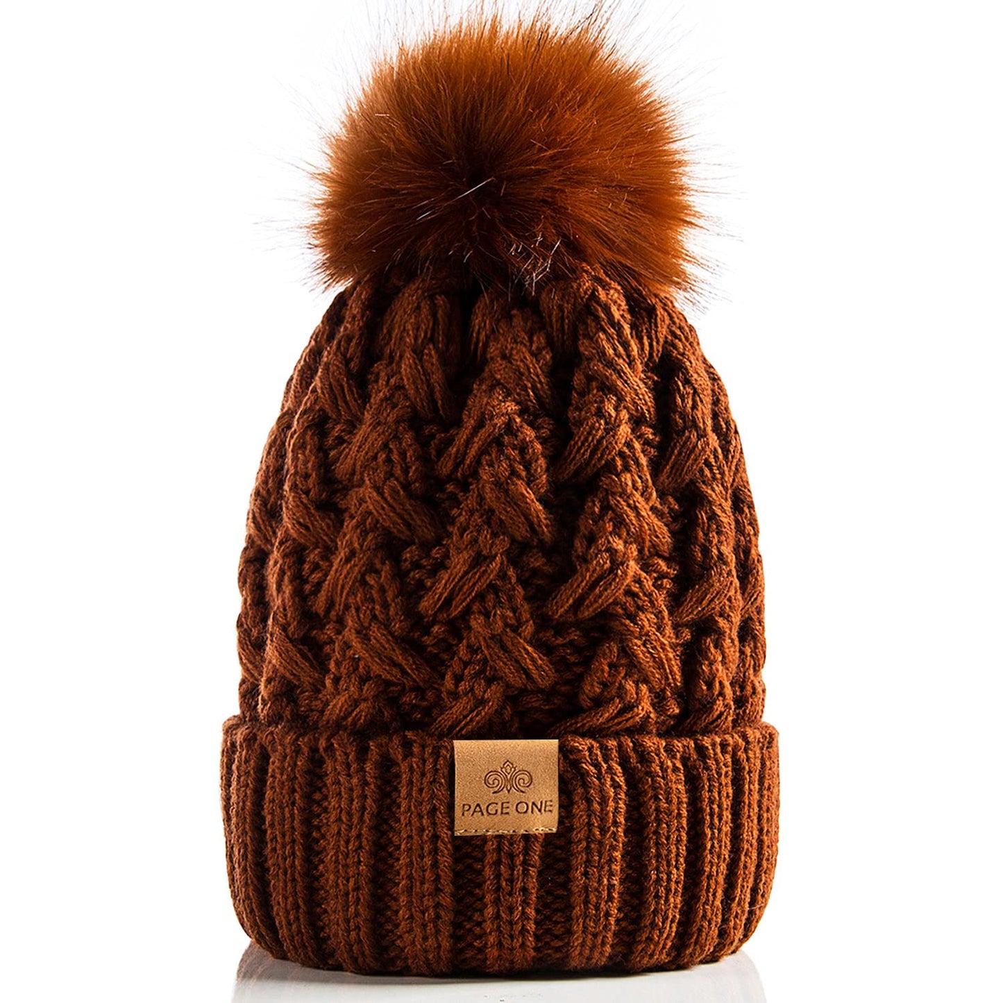 PAGE ONE Womens Winter Ribbed Beanie Crossed Cap Chunky Cable Knit Pompom Soft Warm Hat