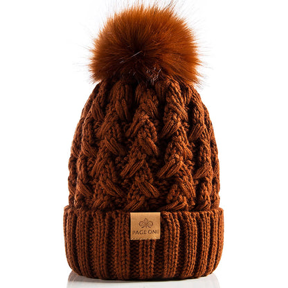 PAGE ONE Womens Winter Ribbed Beanie Crossed Cap Chunky Cable Knit Pompom Soft Warm Hat