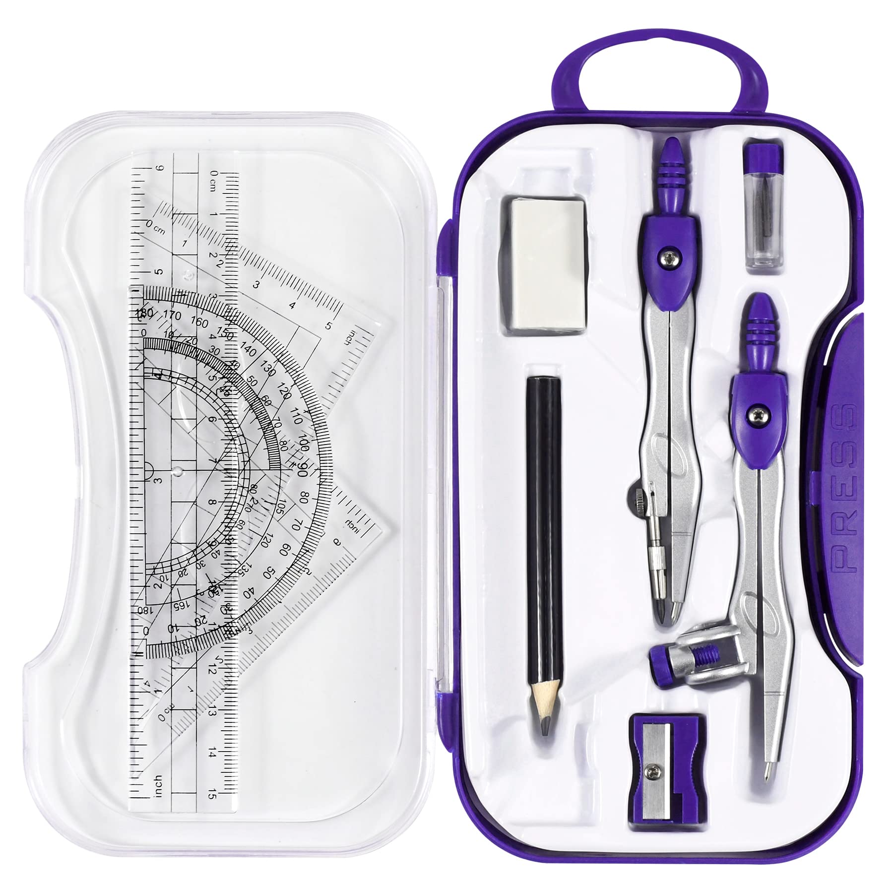 Math Geometry Kit Sets 10 Piece Student Supplies with Shatterproof Storage Box,Includes Rulers,Protractor,Compass,Eraser,Pencil Sharpener,Lead Refills,Pencil,for Drafting and Drawings（Green）