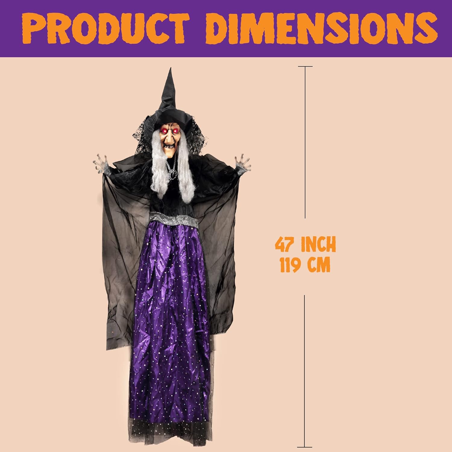 JOYIN 47” Animated Witch Halloween Decorations Outdoor Indoor, Scary Halloween Animatronics Decor, Hanging Ghost Talking Sound Activated Led Lights Eyes Haunted House Yard Garden Lawn