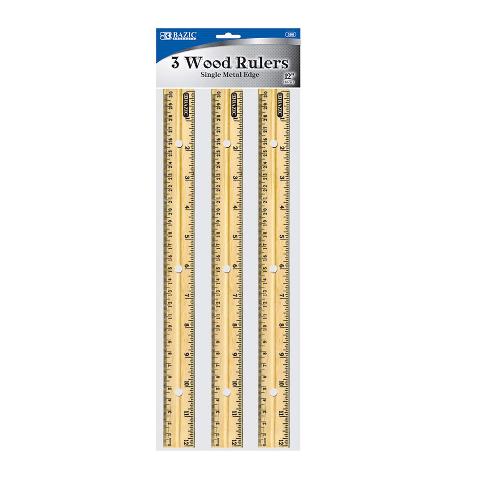 BAZIC Wooden Ruler 12" (30cm), Singel Metal Edge, Inches Centimeter Metric Measuring Drafting Rulers, for Students School Supplies (3/Pack), 1-Pack
