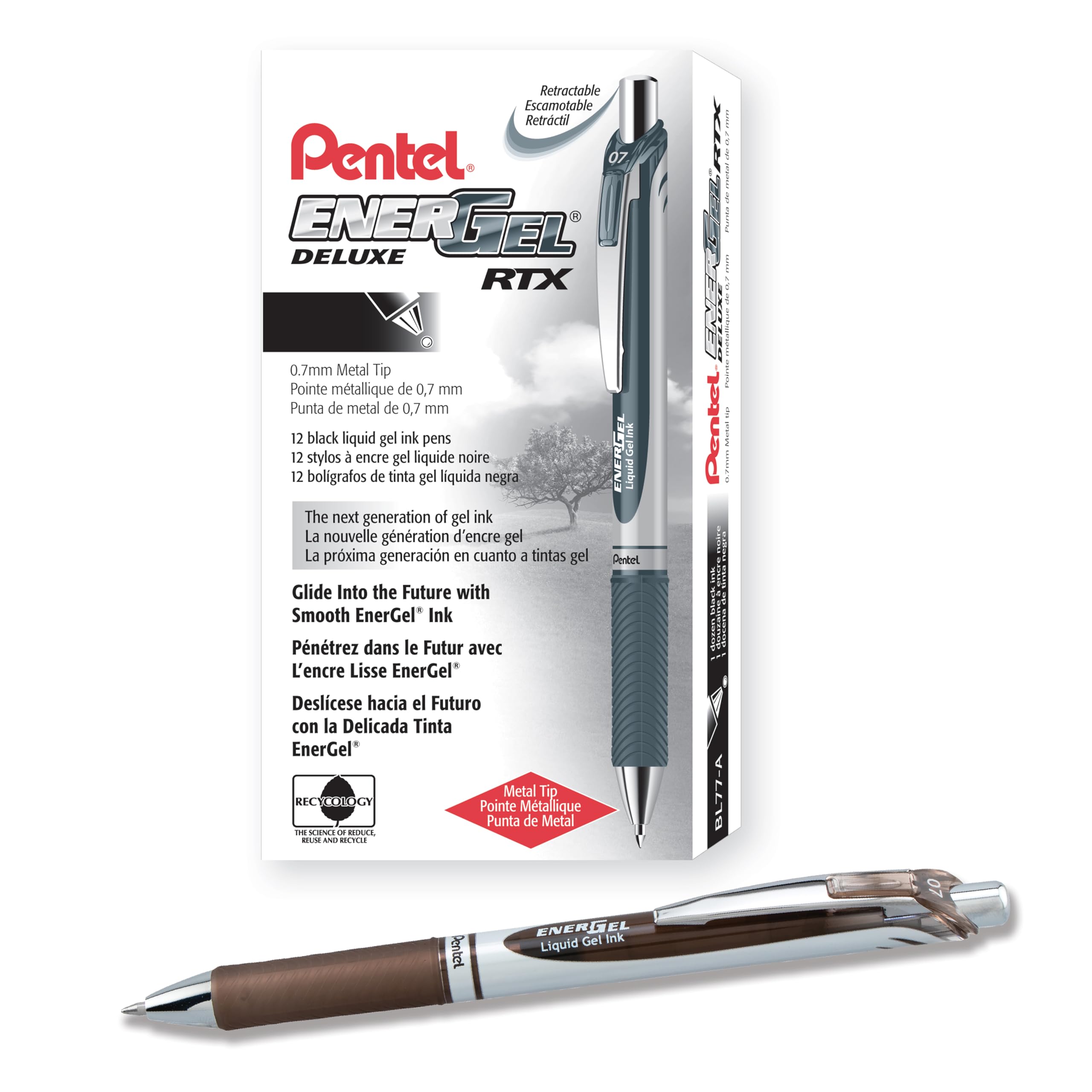 Pentel EnerGel Retractable Liquid Gel Pens, Medium Point, 0.7 mm, Silver Barrel, 12 Black Ink pens, the Ultimate writing pens, the Best Writing Pens for office, school and journaling, Pack of 12