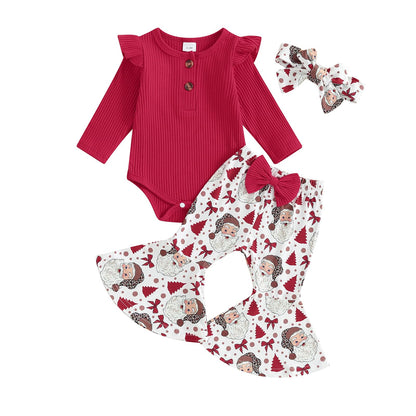 Baby Girl My 1st Christmas Outfits Letter Long Sleeve Romper Tops+Bell Bottom Pants+Headband 3 Pcs Clothes Set