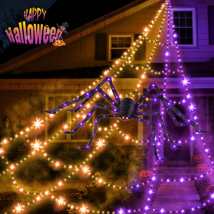 Halloween Decorations Outdoor Spider Web Lights - 550 LEDs Purple and Orange Remote Control Timer Plug in Giant Halloween Decor Cobwebs - 11 Modes Lighting Waterproof Yard Garden Party Decorations