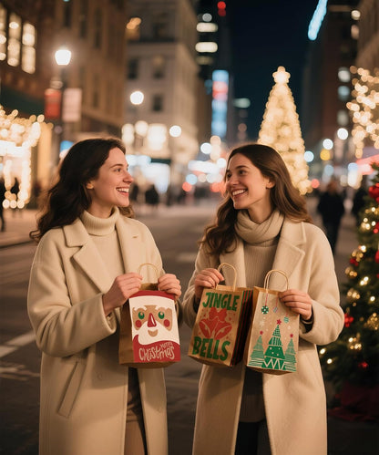 24-Pack Christmas Gift Bags – 6 Assorted Xmas Designs, Small Christmas Goody Bags Bulk with Handles for Wrapping Gifts, Party Favors and Holiday Decor