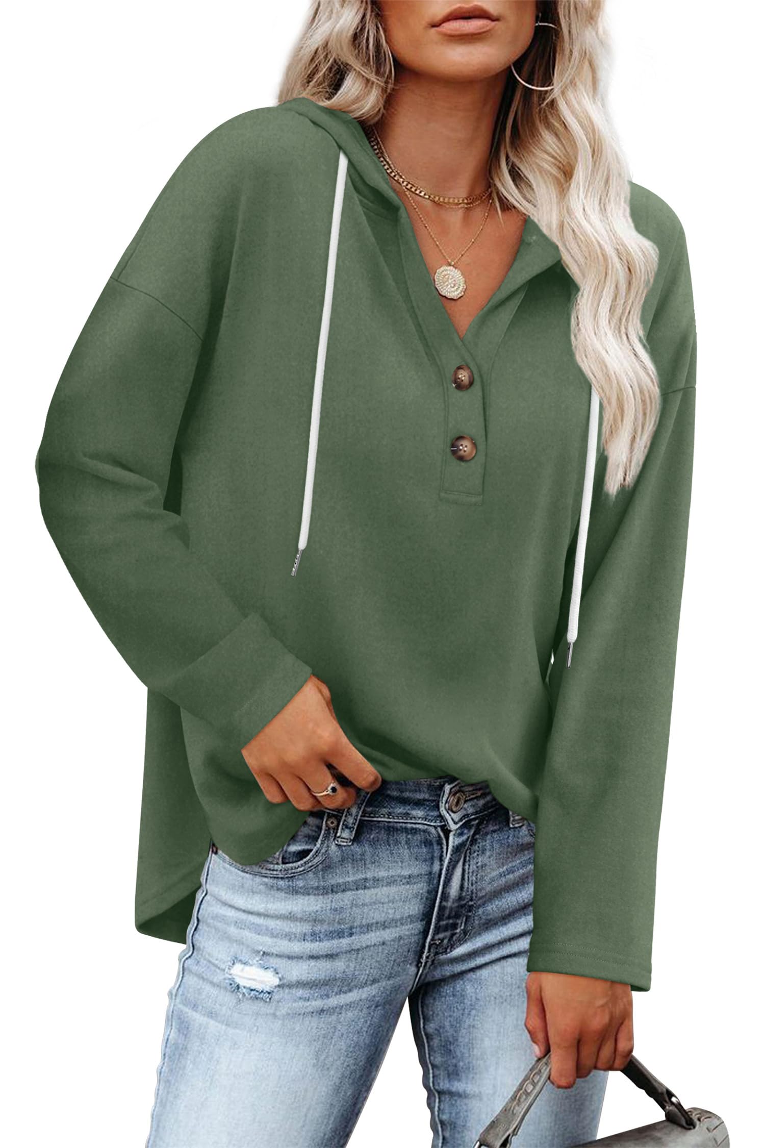 RUMIA Womens Tops V Neck Button Sweatshirt for Women Pullover Long SLeeve Shirts Fall Outfits 2025 Loose Fit S-3XL