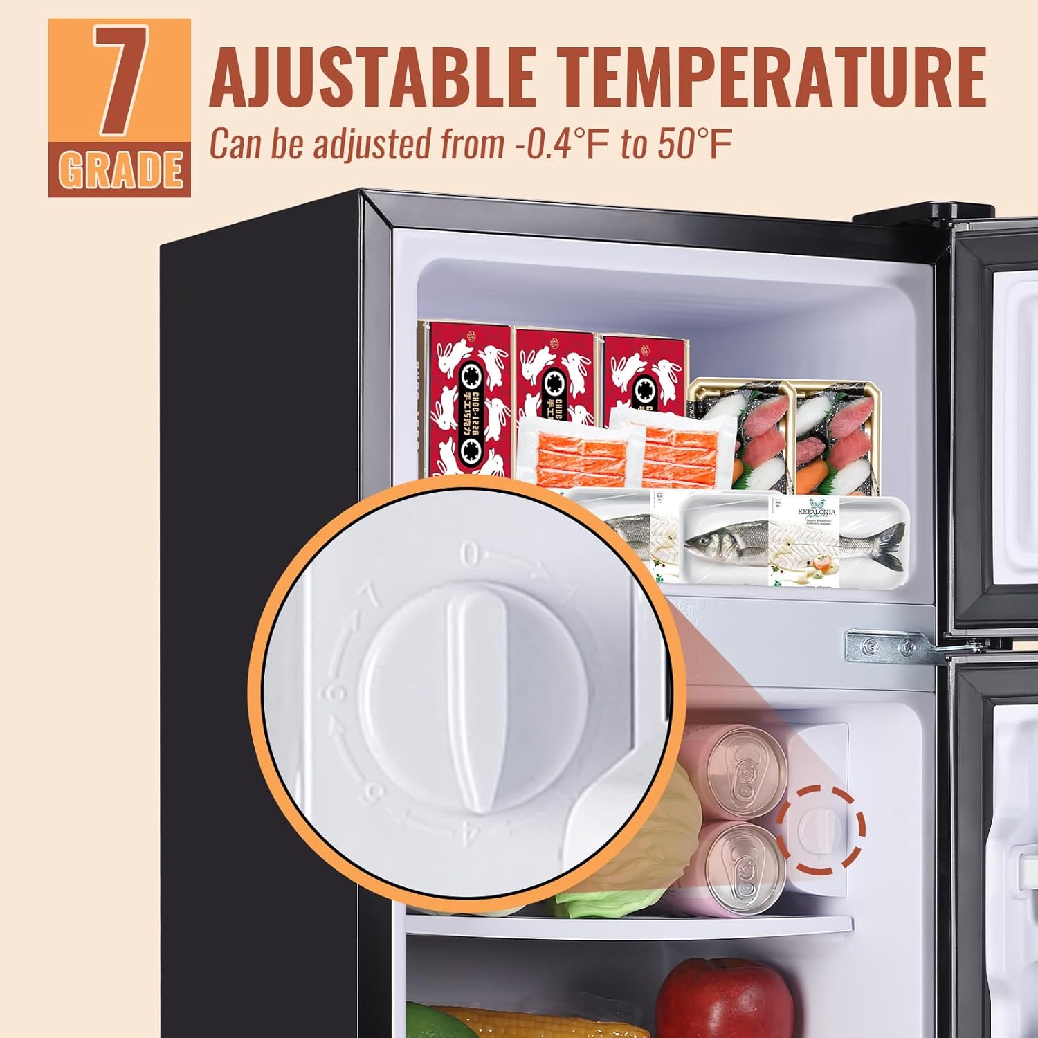 2.4 Cu.ft Mini Fridge with Double Doors Small Refrigerator with Separate Freezer & 7 Adjustable Temperature Control, Tiny Size & Personal Fridge Ideal for Office Apartment Dorm Dark Grey