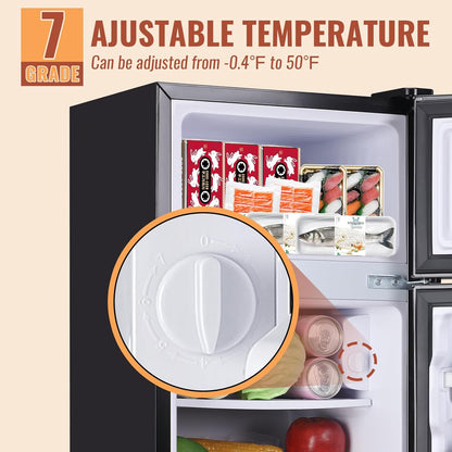 2.4 Cu.ft Mini Fridge with Double Doors Small Refrigerator with Separate Freezer & 7 Adjustable Temperature Control, Tiny Size & Personal Fridge Ideal for Office Apartment Dorm Dark Grey