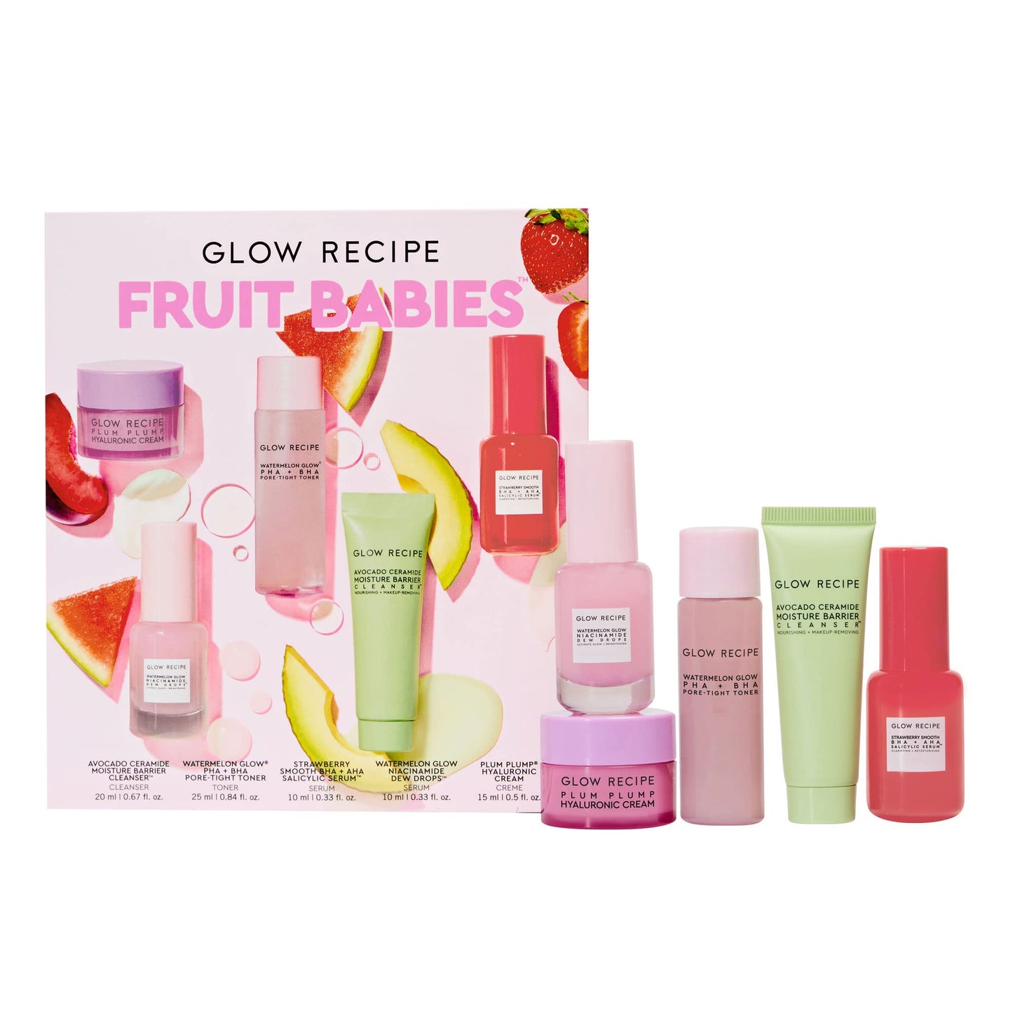 Glow Recipe Fruit Babies Skincare Kit - Gift Set with Ceramide Facial Cleanser + BHA Toner + Vitamin C Eye Cream + Hyaluronic Acid Cream + Niacinamide Dew Drops (5 Count)