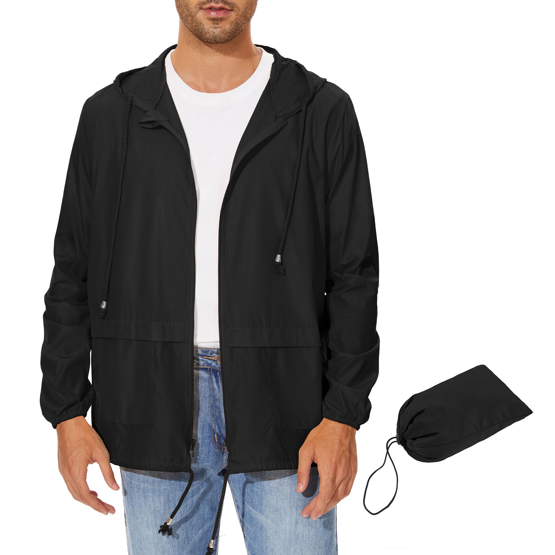 Zando Packable Mens Rain Jacket Lightweight Raincoat Waterproof with Hood Outdoor Windbreaker Jacket Travel Rain Jackets