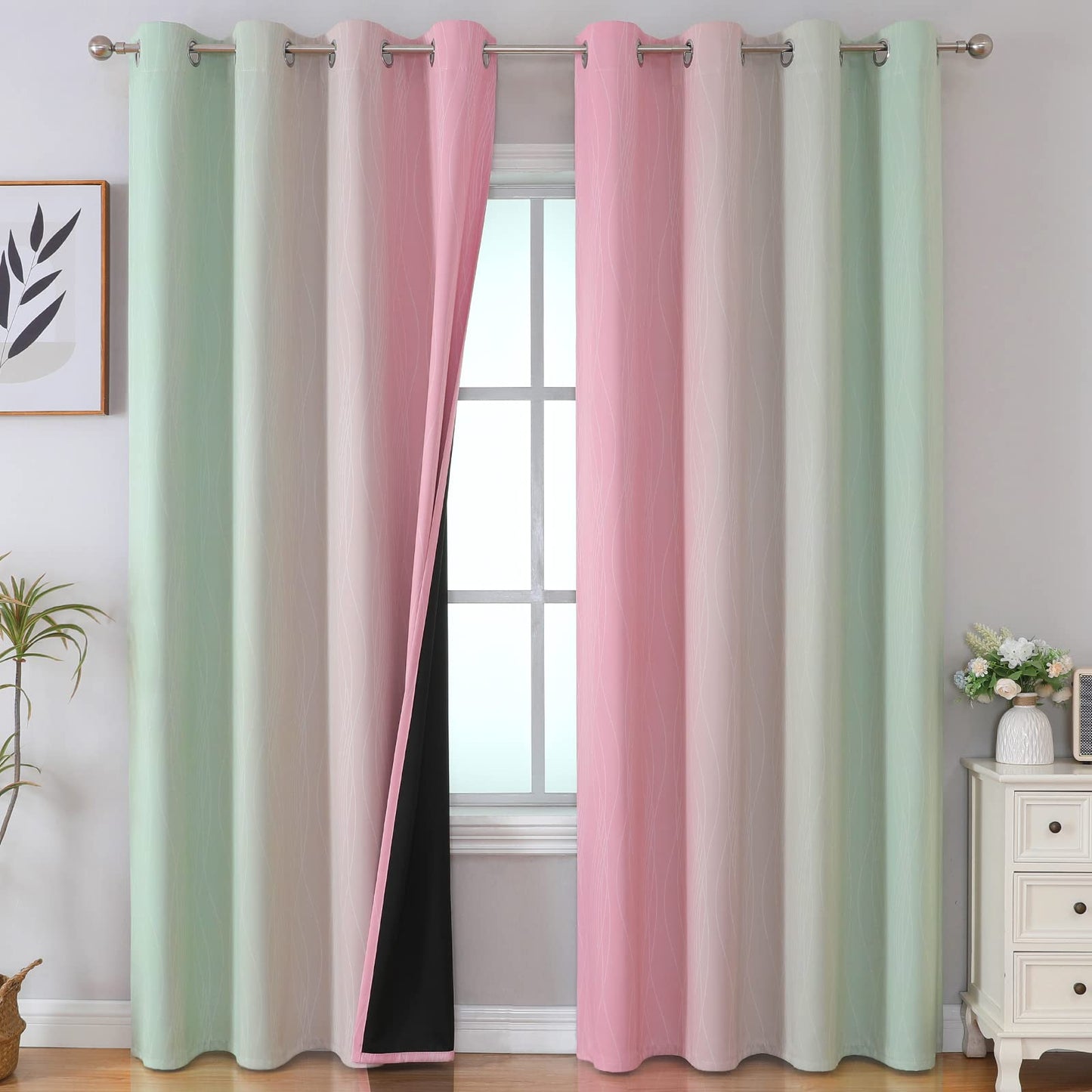 Estelar Textiler Beige and Greyish White Blackout Curtains for Living Room, Full Room Darkening Gradient Drapes for Bedroom, Thermal Insulated Ombre Grommet Curtains for Dining Room,52Wx84L,2 Panels