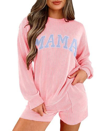 Womens Ribbed Pajama Sets Long Sleeve Top and Shorts Matching Lounge Set Loungewear Sweatsuit with Pockets