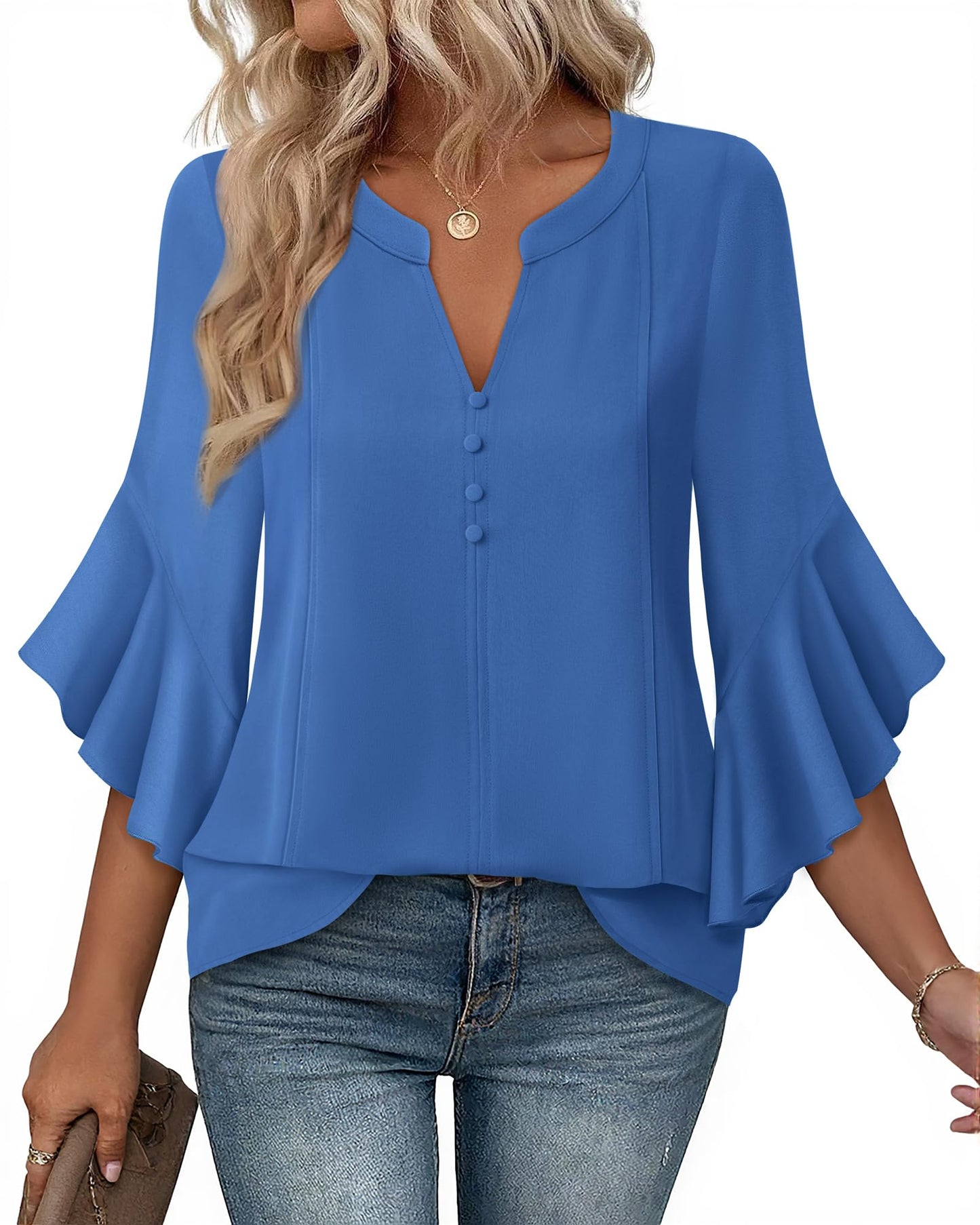 Bebonnie Womens Tops Dressy Casual Ruffle 3/4 Sleeve Henley V Neck Chiffon Blouses with Buttons
