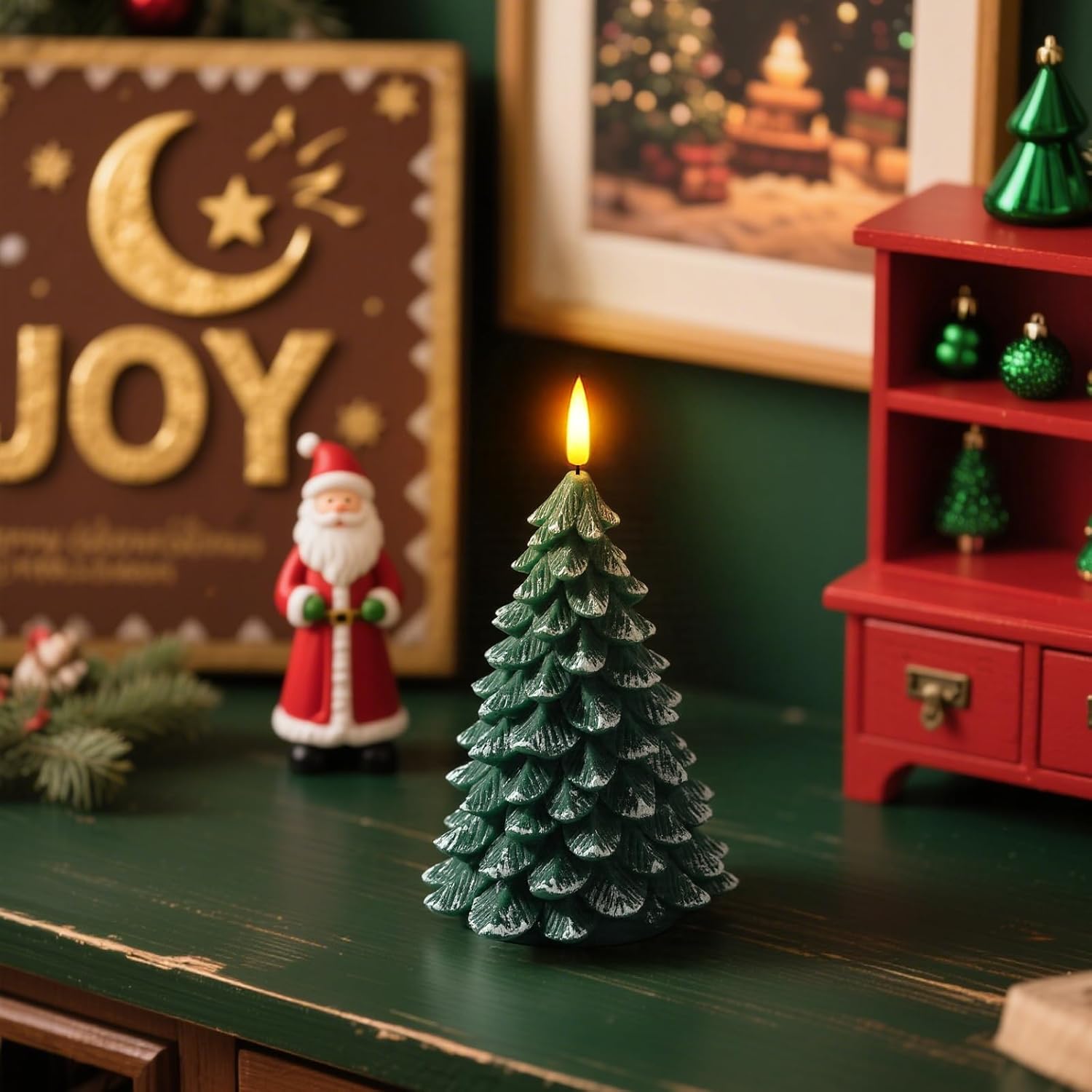 Christmas Decorations Indoor, Christmas Decor - Christmas Tree Candles Battery Operated, Flameless LED Candle Lights with 6H Timer, Xmas Home Decor, Set of 2(Green)