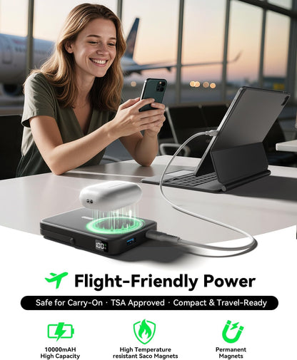 for Magsafe Battery Pack 10000mAh Power Bank with Foldable Stand Portable Charger, PD 22.5W Fast Charge, Dual USB-C & USB-A Outputs, Wireless Charger for iPhone 16/15/14/13/12 Series–Black