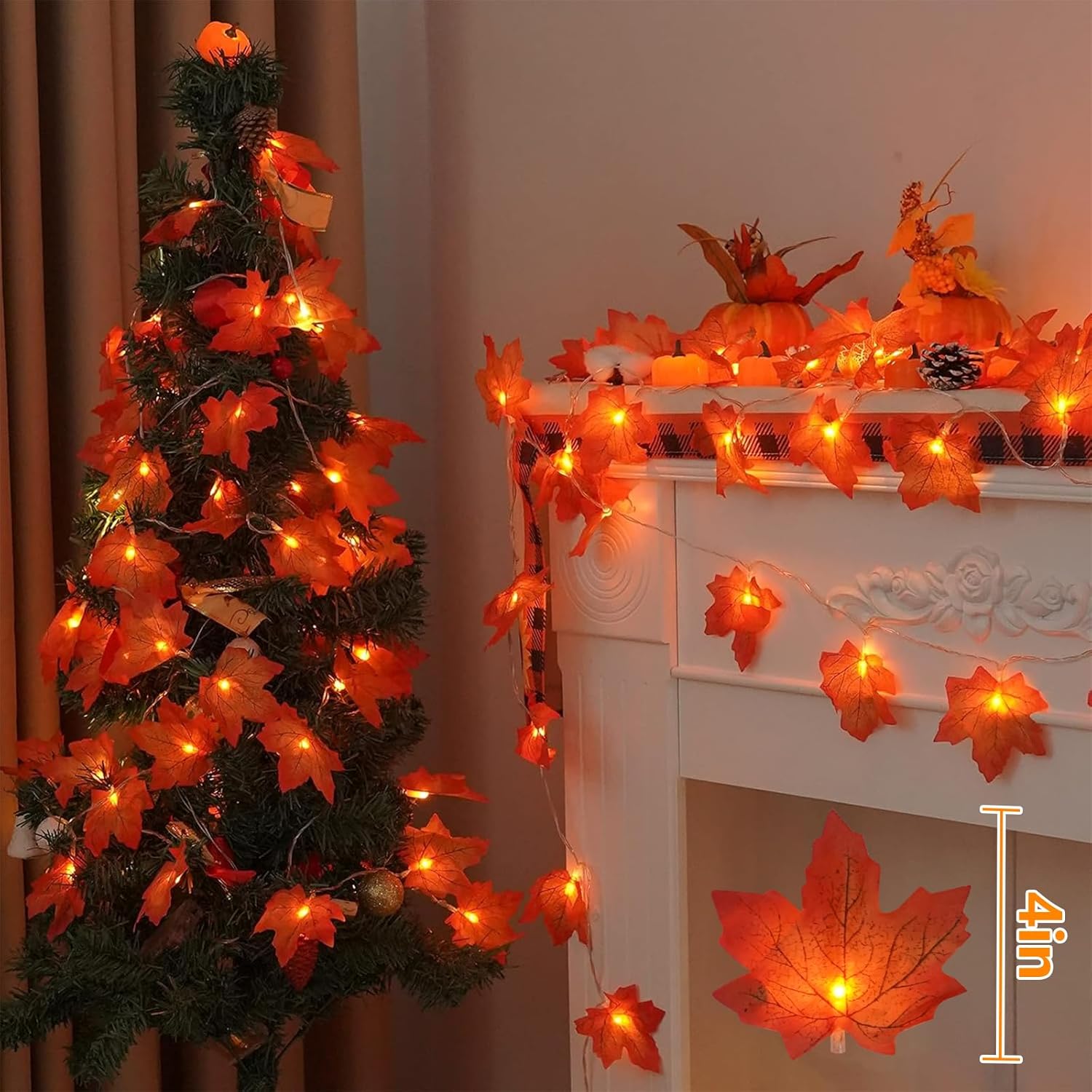 YEGUO 2 Packs Thanksgiving Decorations for Home, Fall Lights Battery Operated, Total 20ft 40 LED Lighted Fall Garland Maple Leaves for Holiday Autumn Harvest Fall Thanksgiving Halloween Decor