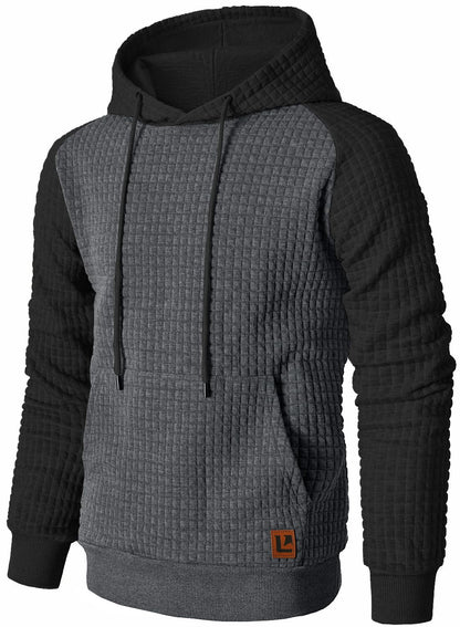 Men’s Sweatshirts Long Sleeve Pullover Patchwork Plaid Jacquard Hoodie Casual Drawstring Hoody Top