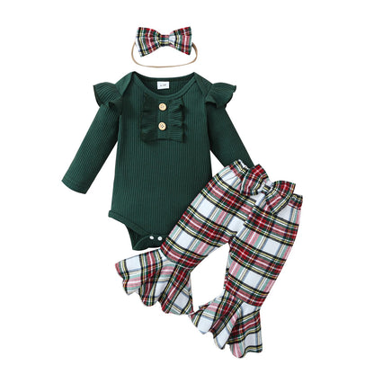 Baby Girl My 1st Christmas Outfits Letter Long Sleeve Romper Tops+Bell Bottom Pants+Headband 3 Pcs Clothes Set