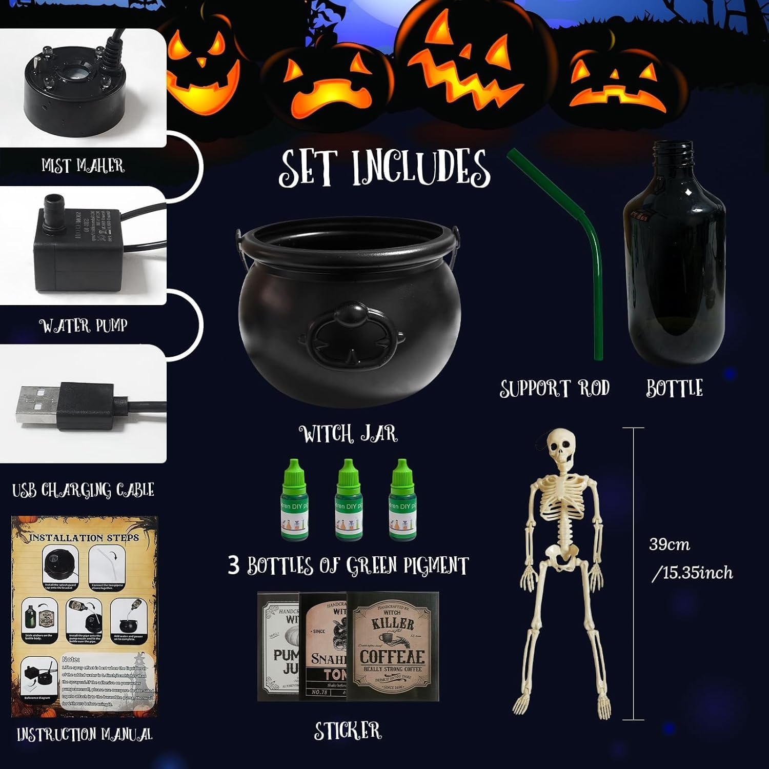 Cauldron Halloween Decor Indoor, Halloween Cauldron Decorations with Magic Floating Potion Bottles & Diffuser, Black Plastic Witches Cauldron Bowl Hocus Pocus Decor for Home Table Mantel Kitchen Room