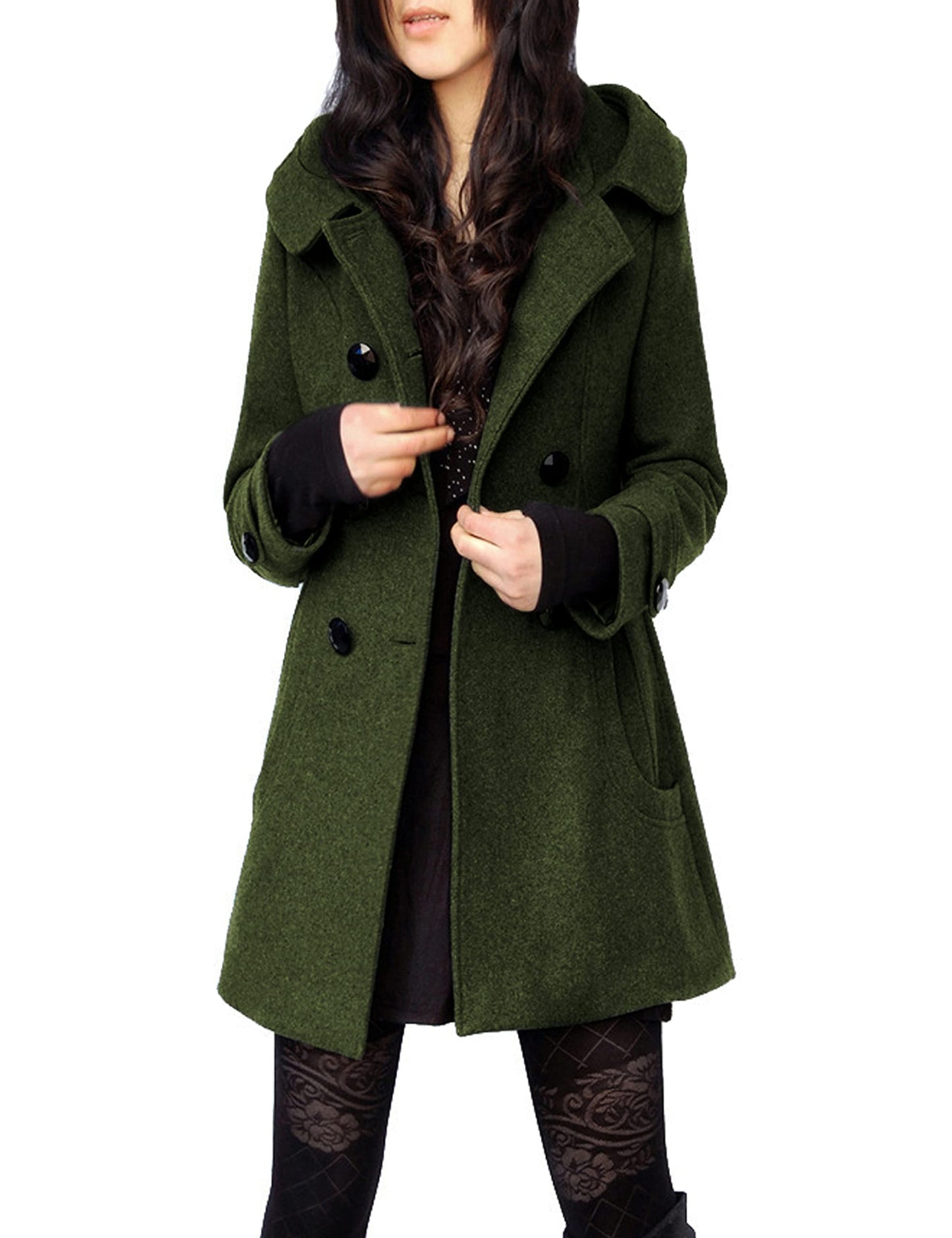 Tanming Women's Warm Double Breasted Wool Pea Coat Trench Coat Jacket with Hood