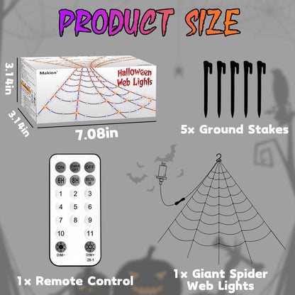 Halloween Decorations Outdoor Spider Web Lights - 550 LEDs Purple and Orange Remote Control Timer Plug in Giant Halloween Decor Cobwebs - 11 Modes Lighting Waterproof Yard Garden Party Decorations