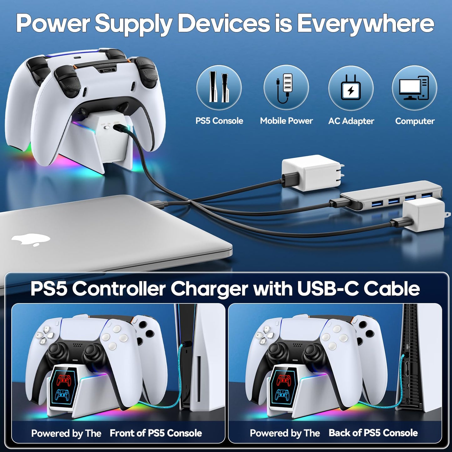 PS 5 Controller Charger Station Compatible with PlayStation 5 Faceplates Edge & Dual Controller, 9 Lightings PS 5 Accessories Charging Station, PS 5 Dock Stand with LED Indicator & On-Off Switch