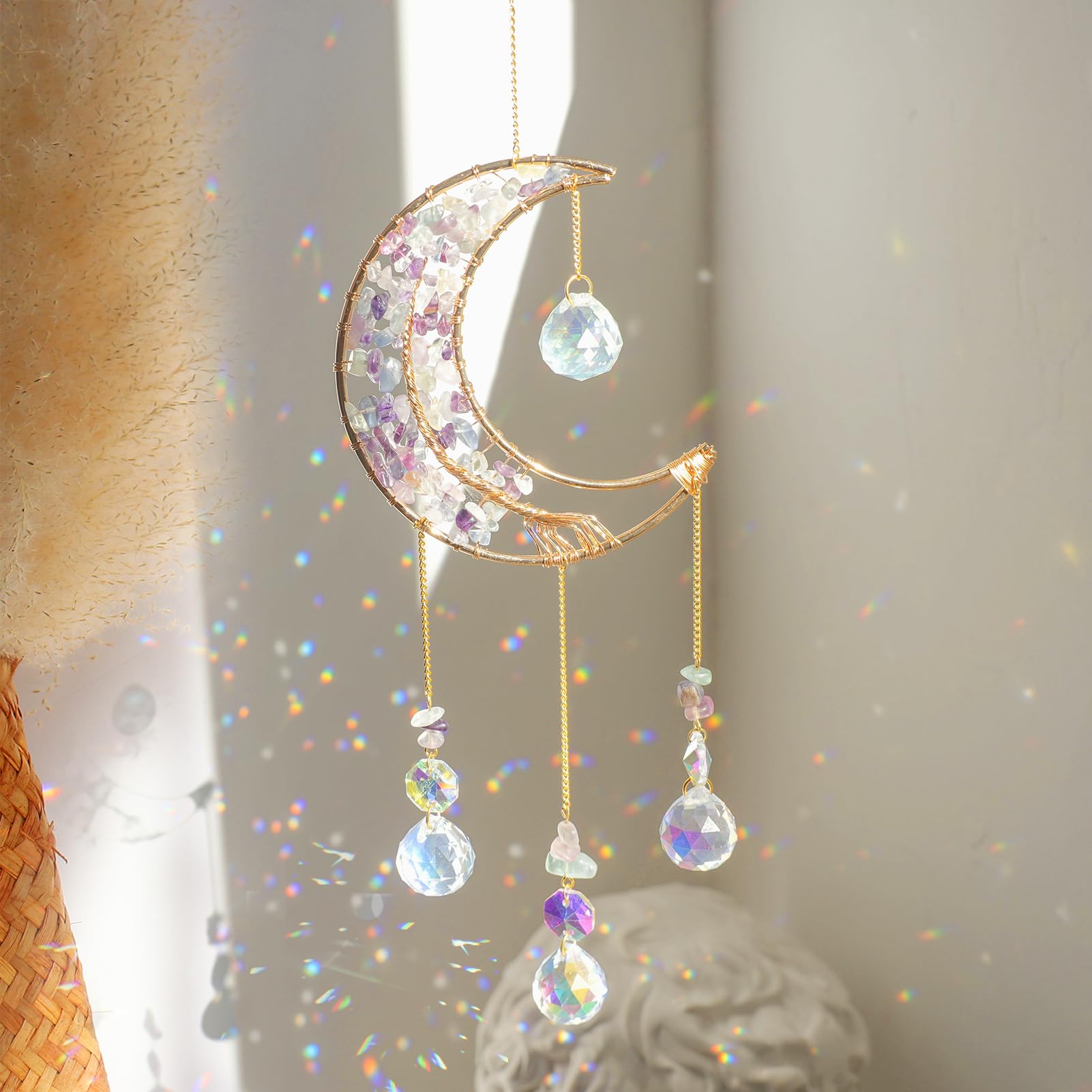 Crystal Moon Suncacher-Sun Catchers Indoor Window Prism Moon Crystal Dream Catcher Natural Healing Stones Rainbow Maker Garden Car Decoration Outdoor (Amethys)