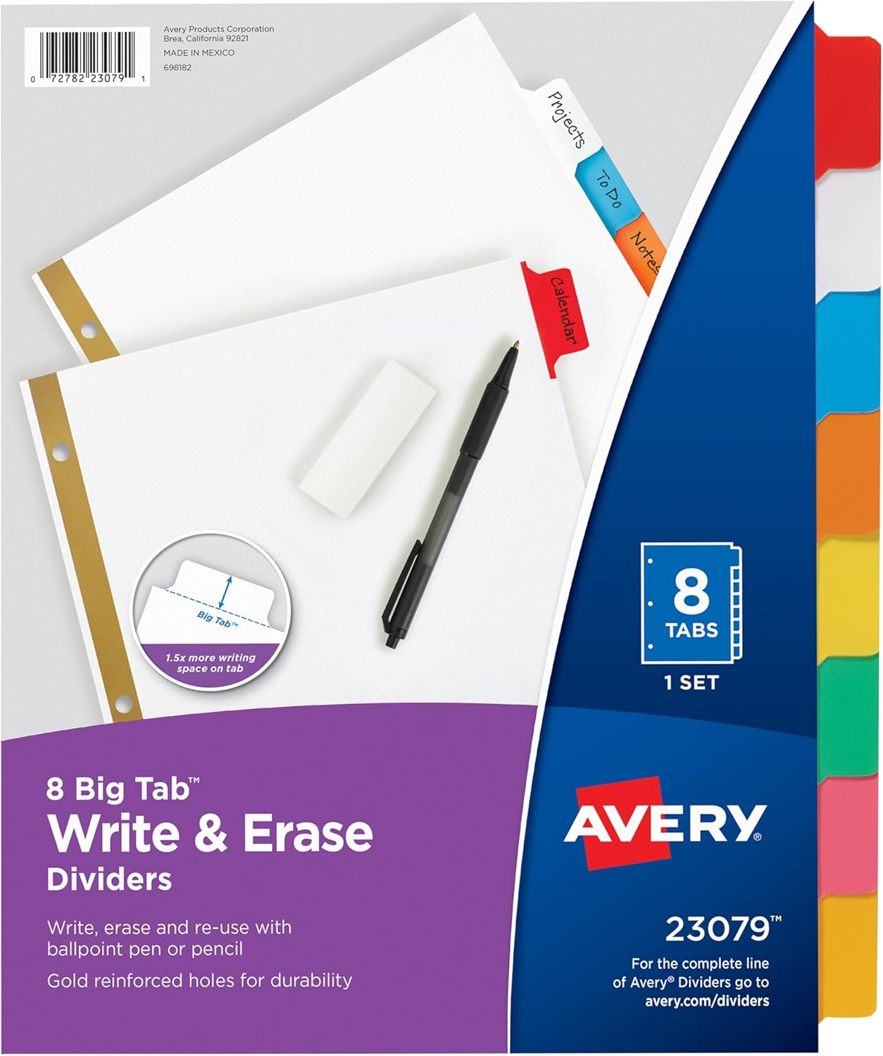 Avery Big Tab Write & Erase Dividers for 3 Ring Binders, 8-Tab Set, Multicolor Divider Tabs, 1 Set of Binder Dividers, Great for Organizing Projects, Reports, Finances, and More (23079)