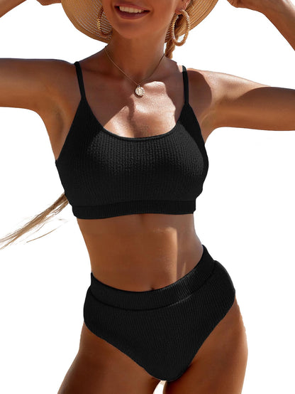 Limeeke Women's High Waisted Bikini Sets Ribbed Textured Scoop Neck Swimsuit Adjustable Strap Two Piece Bathing Suit