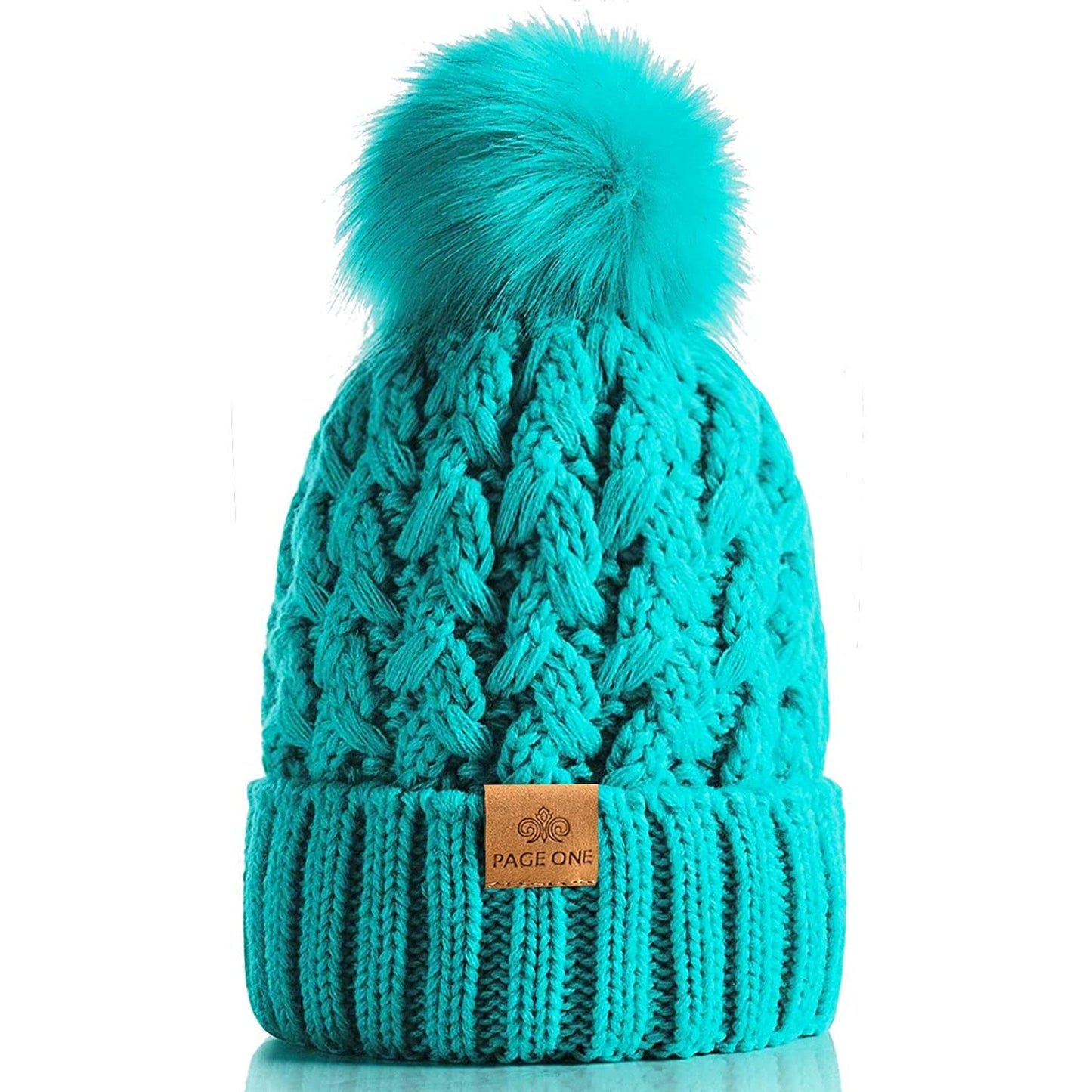 PAGE ONE Womens Winter Ribbed Beanie Crossed Cap Chunky Cable Knit Pompom Soft Warm Hat