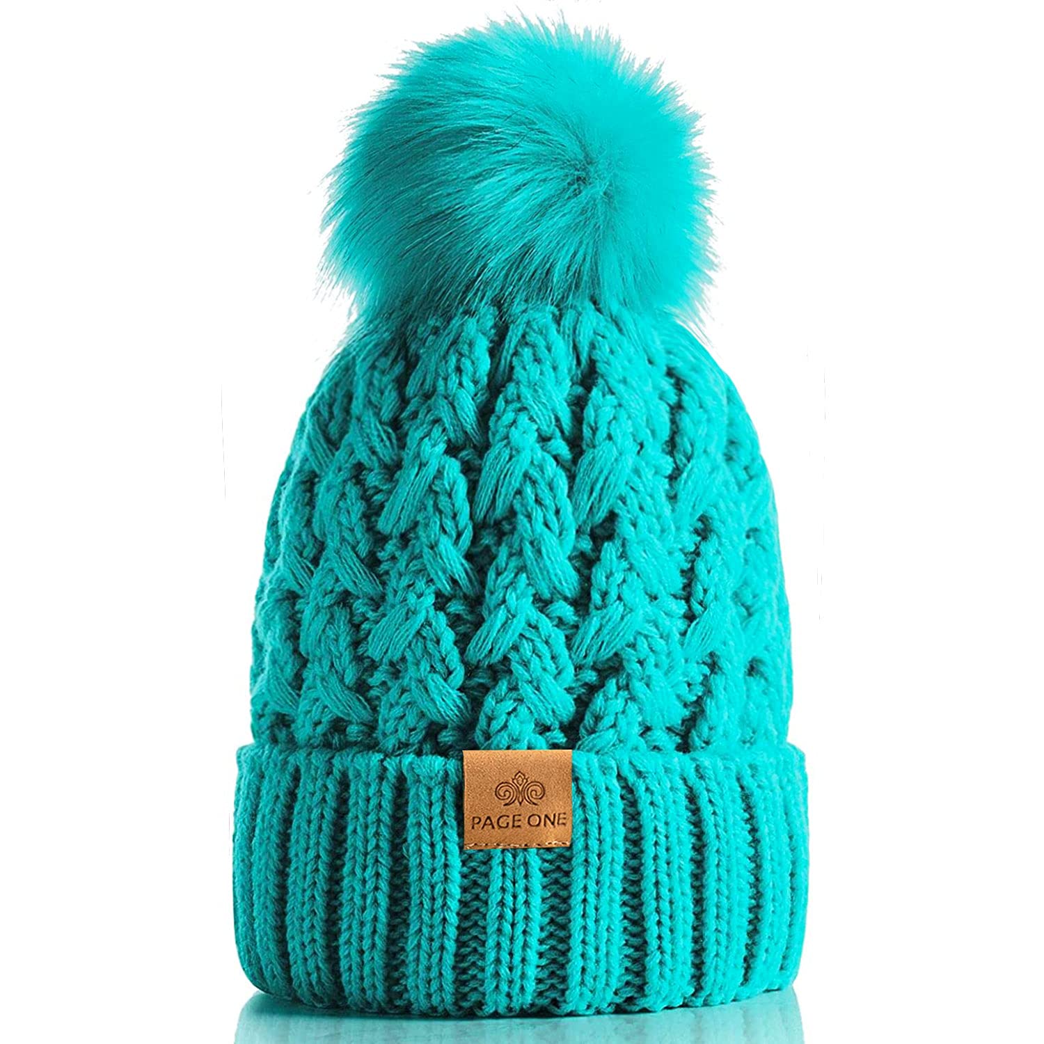 PAGE ONE Womens Winter Ribbed Beanie Crossed Cap Chunky Cable Knit Pompom Soft Warm Hat