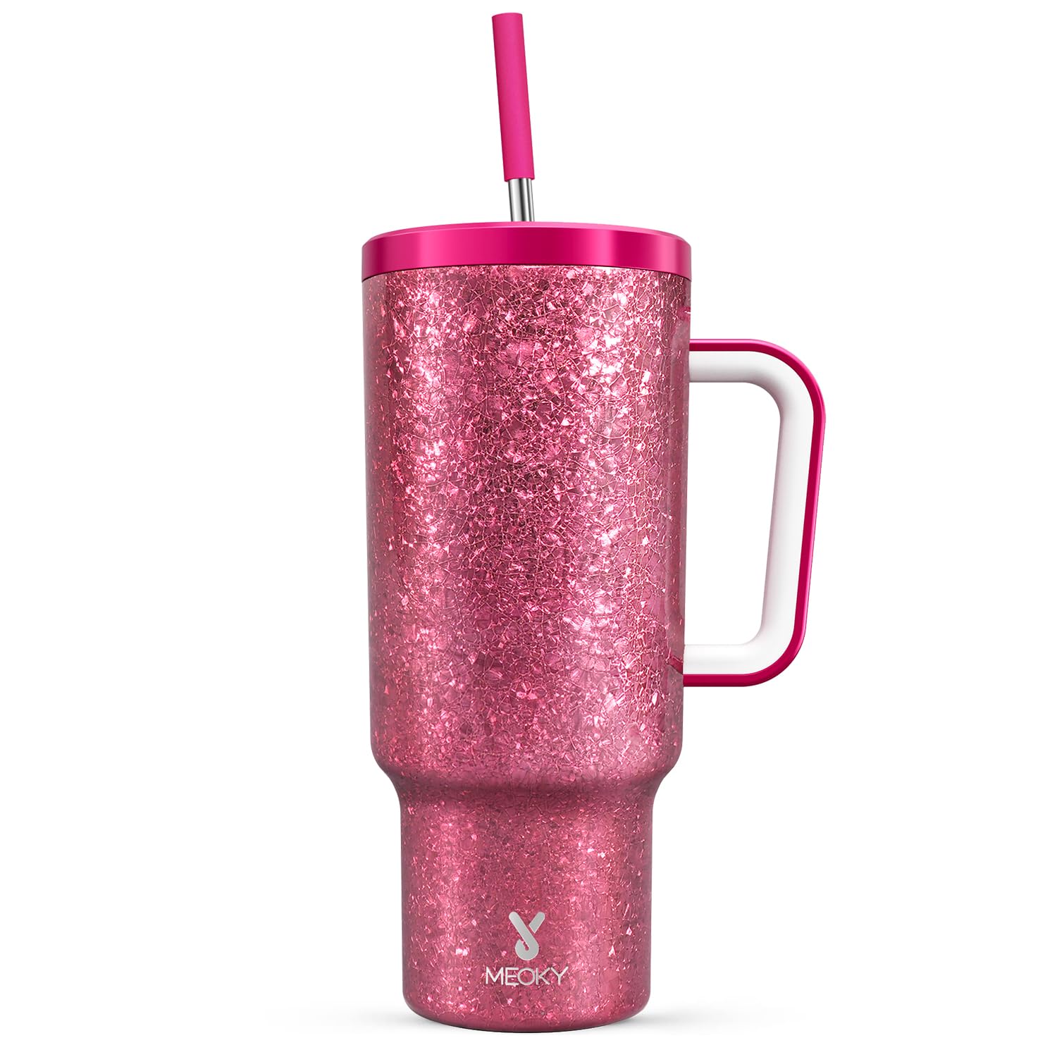 Meoky 40 oz Christmas Tumbler with Handle and Straw, Xmas Tumbler with Lid and Straw, Insulated Stainless Steel Travel Mug, Christmas Gifts for Women Men Adults (Jolly Reindeer)